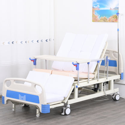 4-Function Remote Control Electric Hospital Bed w/ Full-Length Adjustable Guardrails, S/S IV Pole, Wash Basin, Bedpan, and Removable Table