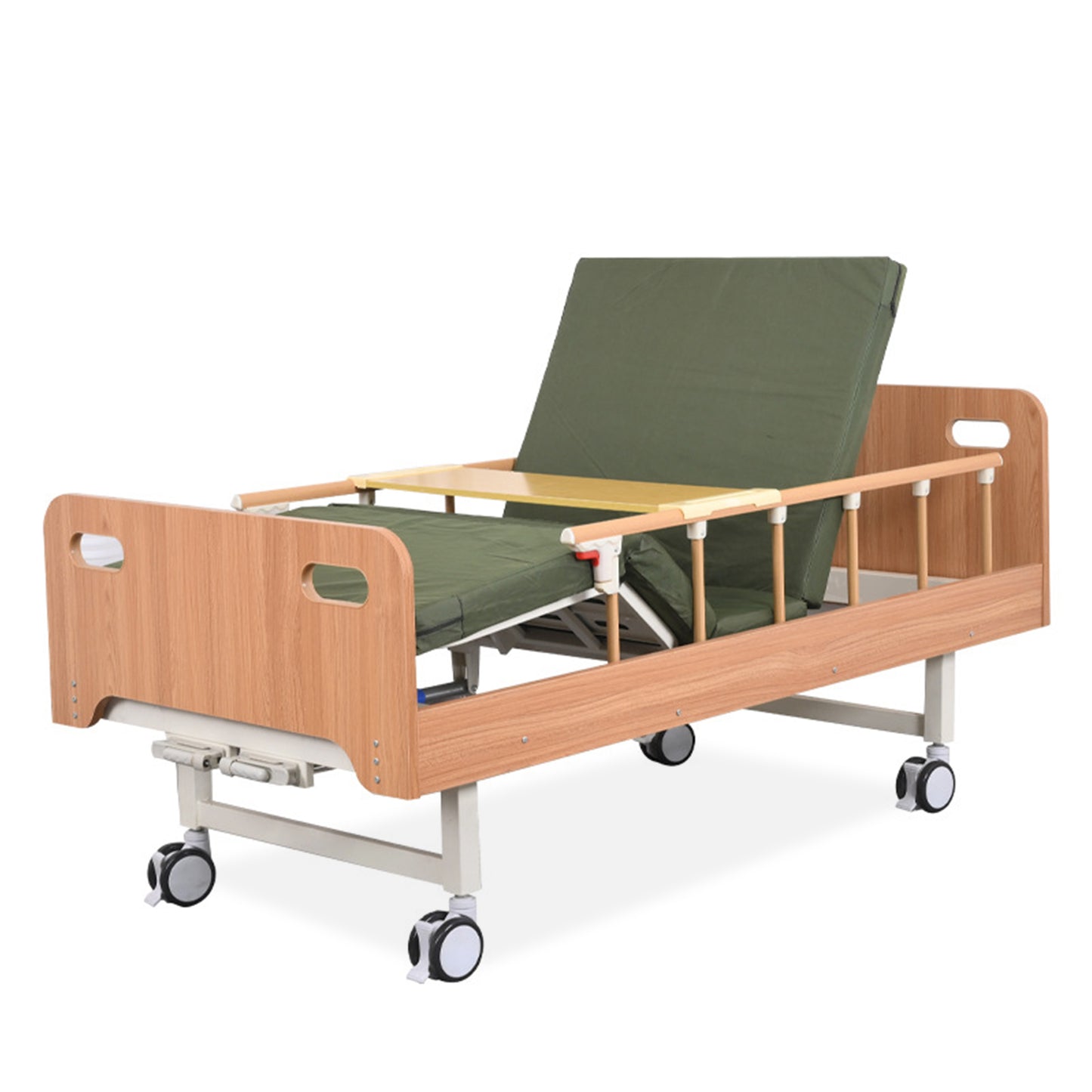 Wooden Hidden Double Swing Handle Hospital Bed w/ Full-Length Adjustable Guardrails, Wooden Dining Table and 2.36" Mattress