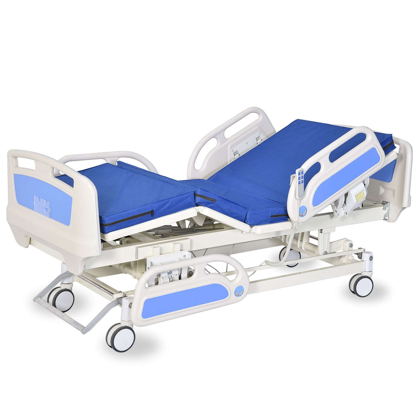 3-Function Remote Control Electric Hospital Bed w/ Full-Length ABS Guardrails, S/S IV Pole, Wash Basin, Bedpan, and Removable Table