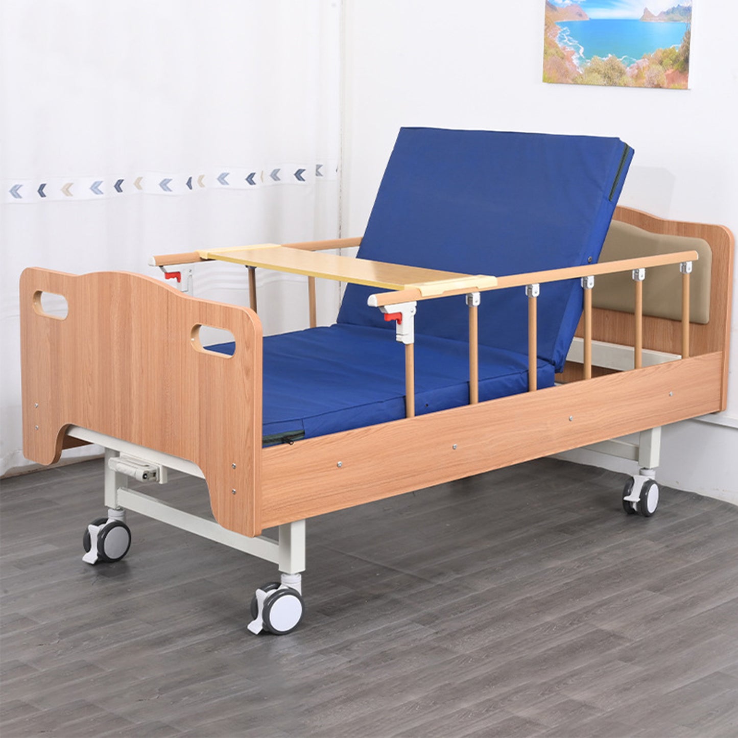 Wooden Hidden Hospital Bed w/ Full-Length Adjustable Side Rails