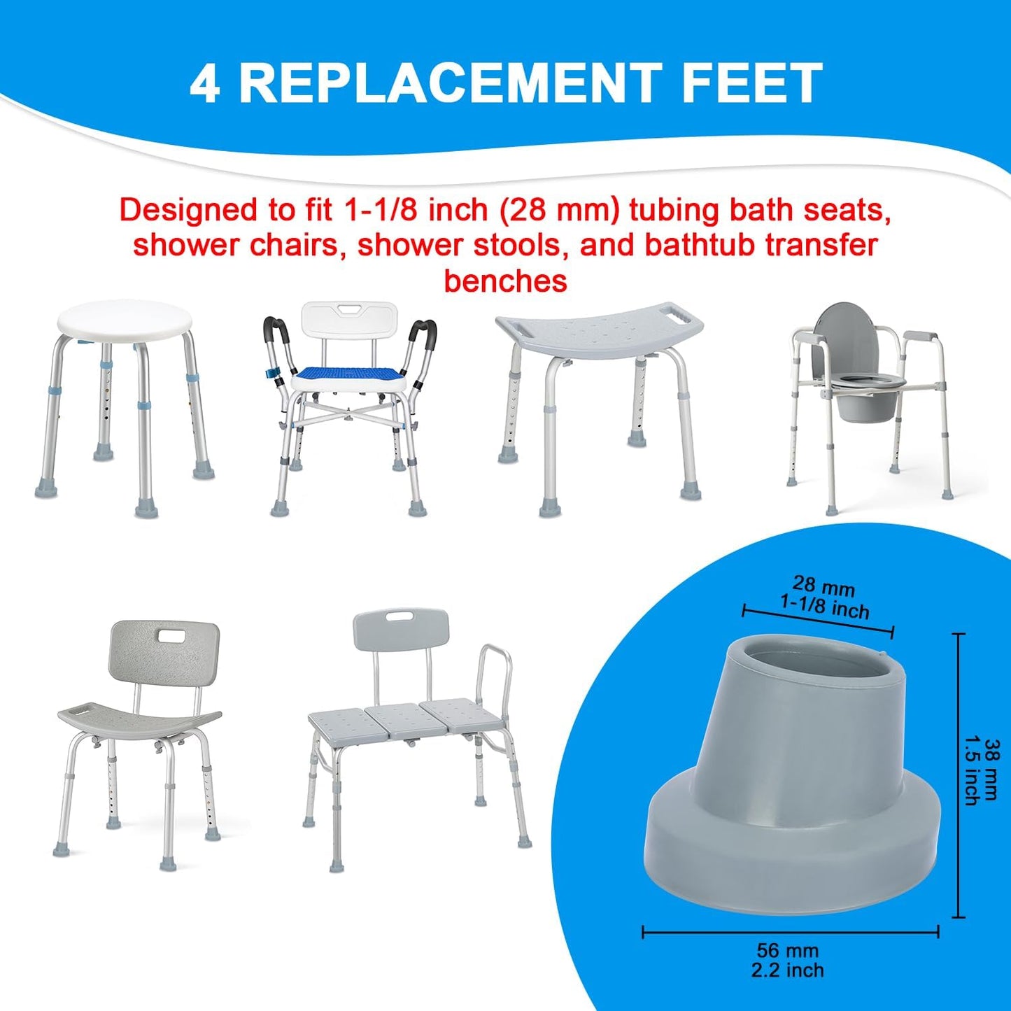 1-1/8" Shower Chair Feet, Non-Slip Suction Pads, 4-Pack