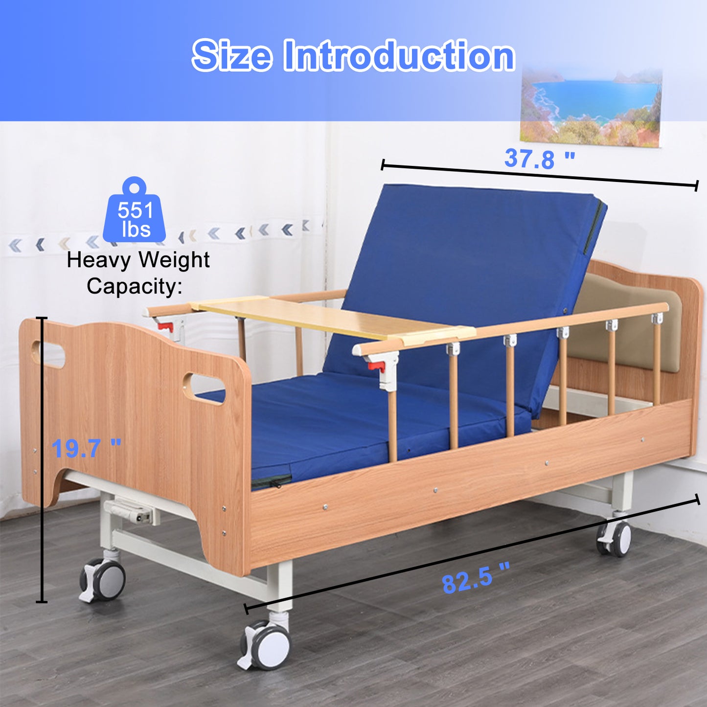 Wooden Hidden Hospital Bed w/ Full-Length Adjustable Side Rails