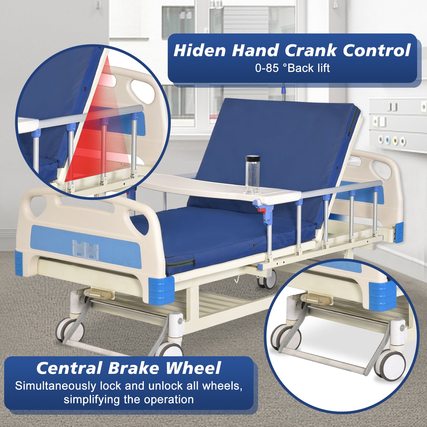 Hidden Adjustable Crank Hospital Bed(Mattress Included)