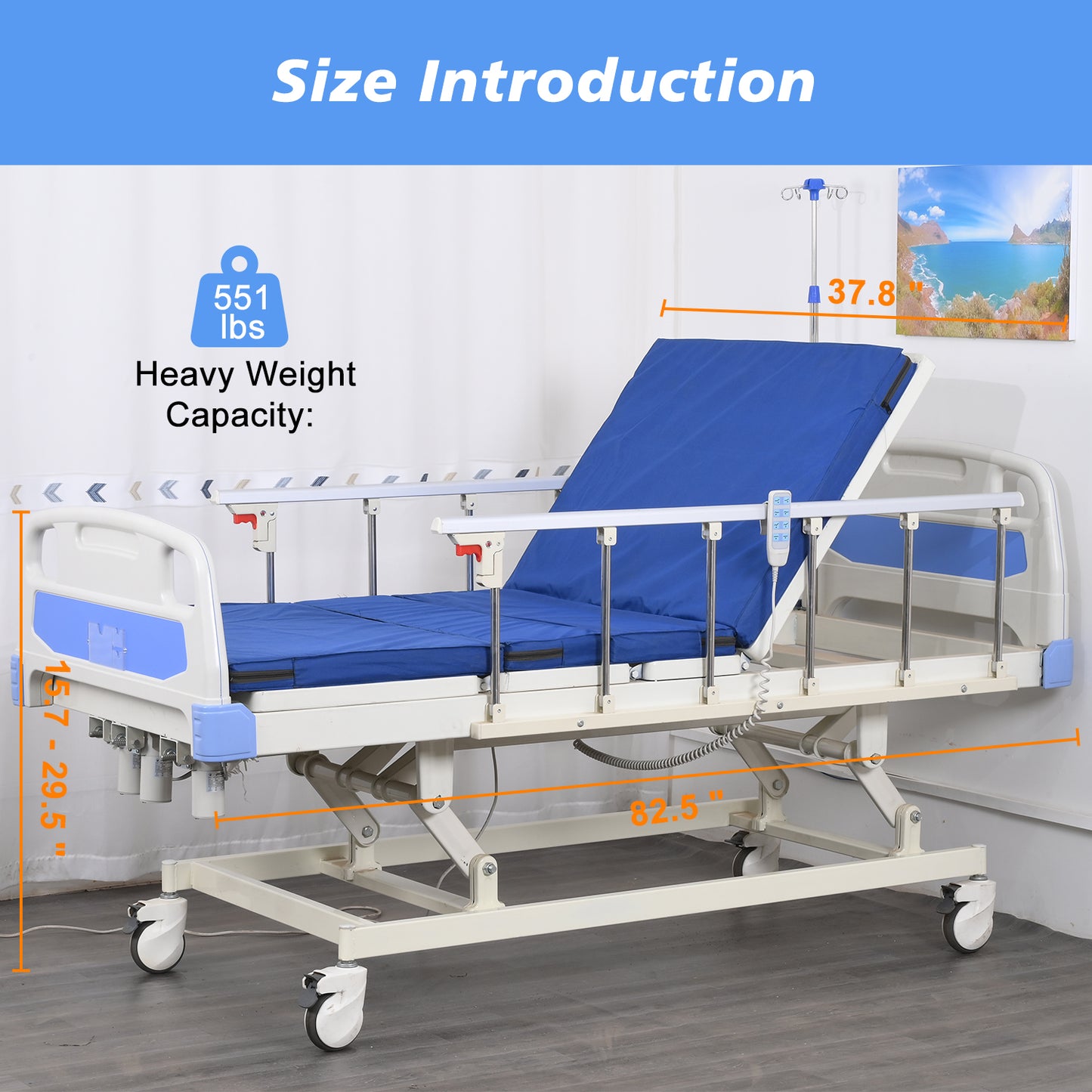 3-Function Remote Control Electric Hospital Bed w/ Full-Length Adjustable Guardrails, S/S IV Pole, Wash Basin, Bedpan, and Removable Table