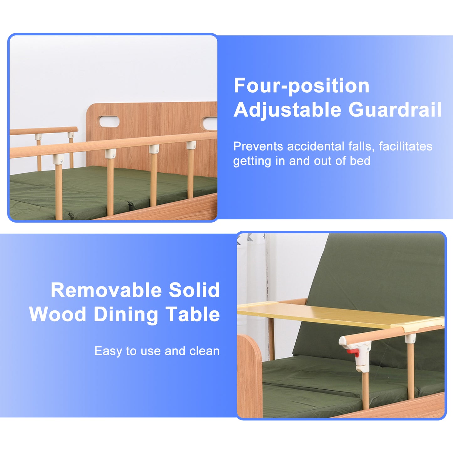 Wooden Hidden Double Swing Handle Hospital Bed w/ Full-Length Adjustable Guardrails, Wooden Dining Table and 2.36" Mattress