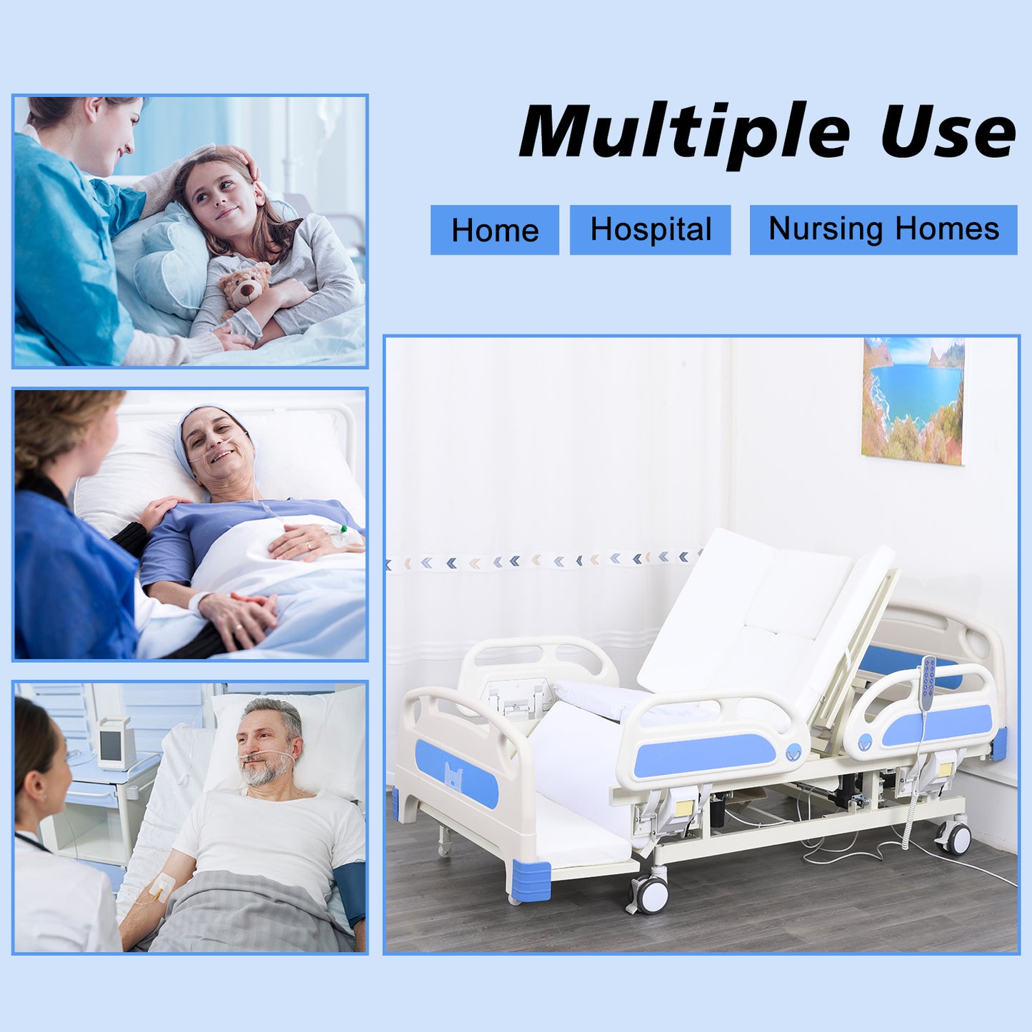 4-Function Remote Control Electric Hospital Bed w/ Full-Length ABS Guardrails, S/S IV Pole, Wash Basin, Bedpan, and Removable Table
