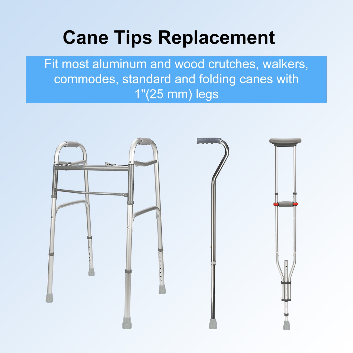 Heavy Duty 1-in Crutch Cane Tips (6-Pack), Black/Grey