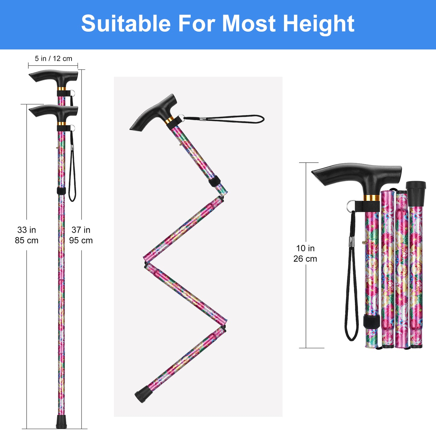 5-Level Adjustable Height Walking Stick Folding Cane