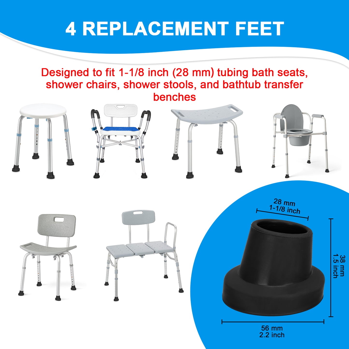 1-1/8" Shower Chair Feet, Non-Slip Suction Pads, 4-Pack