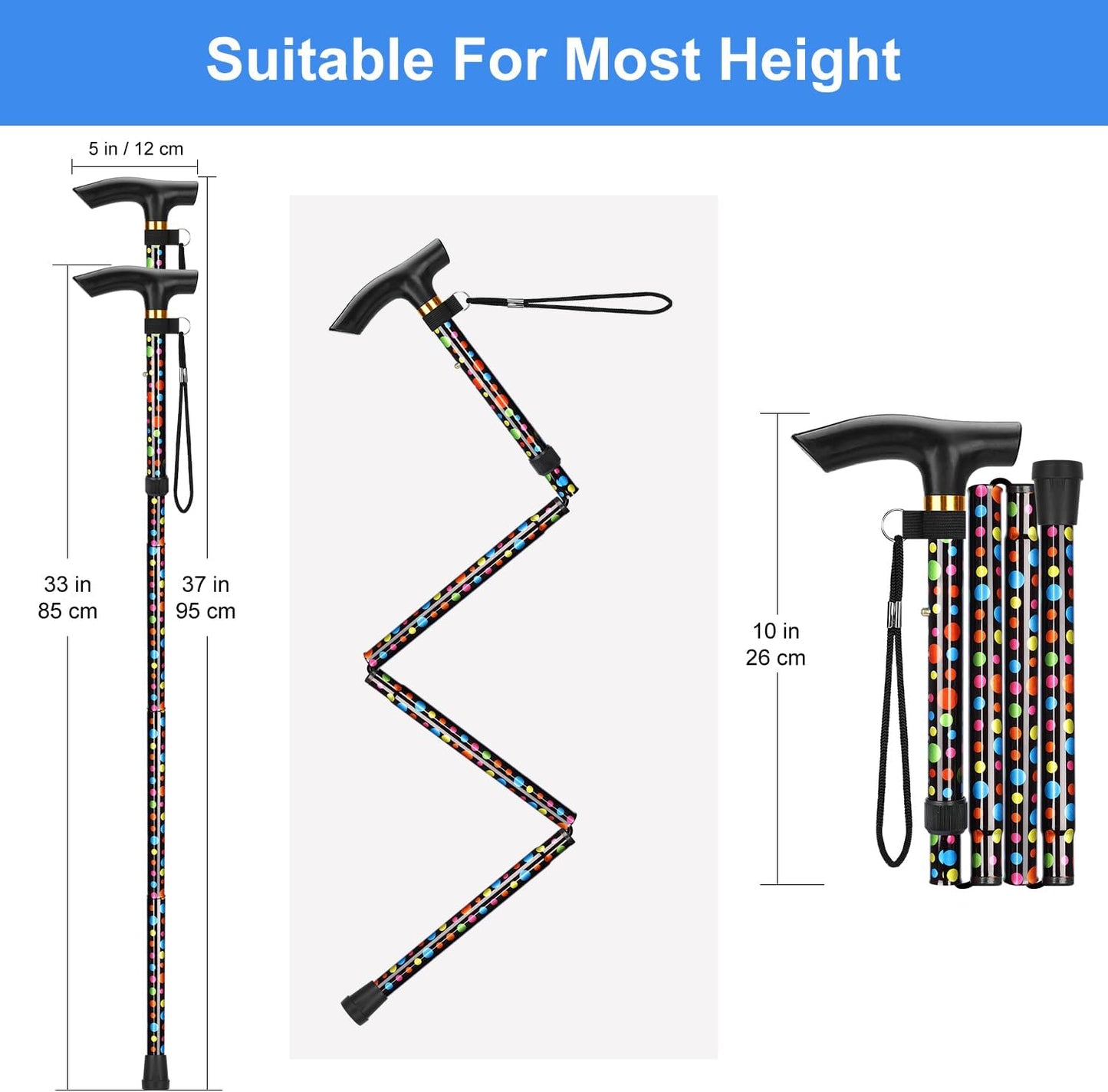 5-Level Adjustable Height Walking Stick Folding Cane