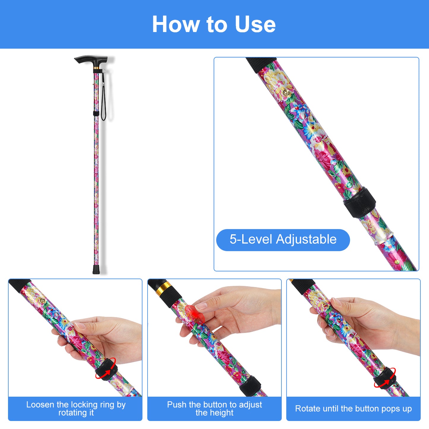 5-Level Adjustable Height Walking Stick Folding Cane