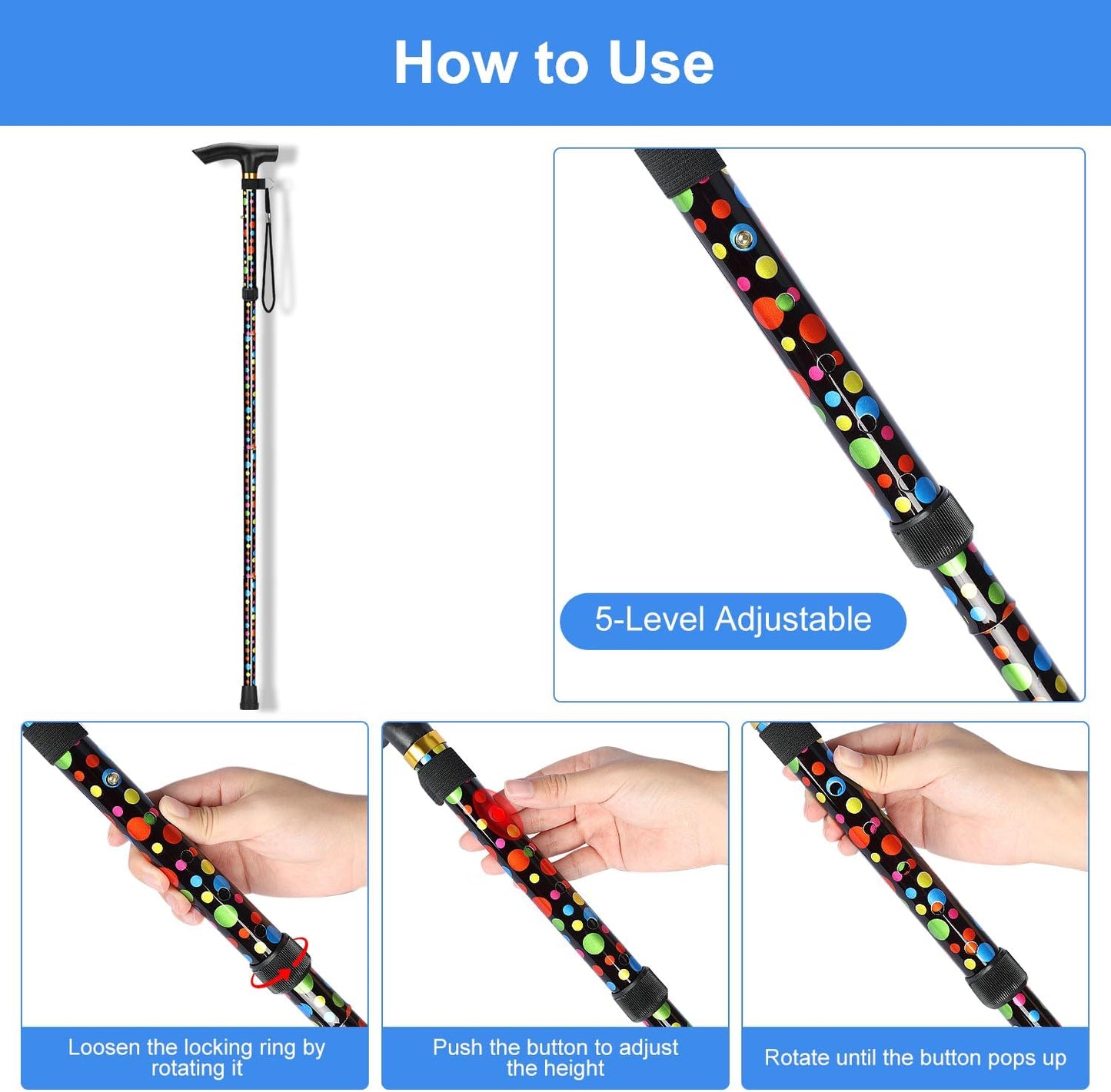 5-Level Adjustable Height Walking Stick Folding Cane