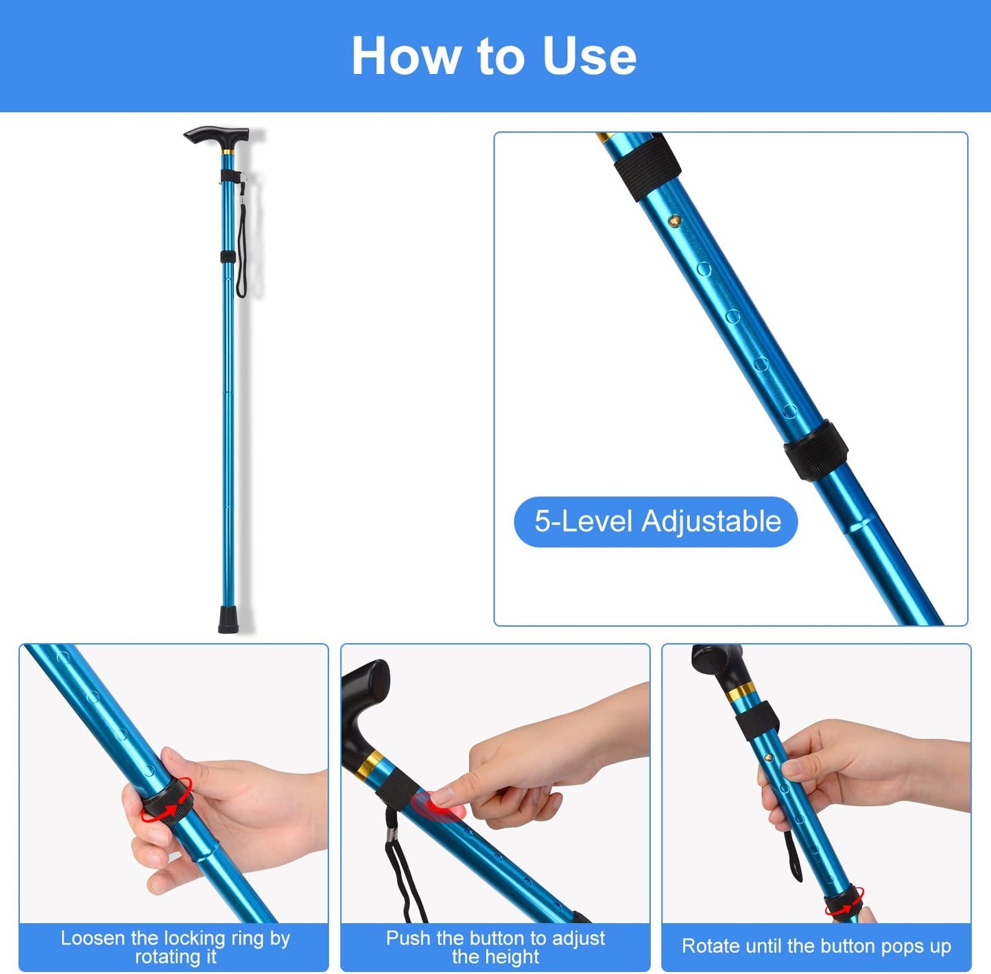 5-Level Adjustable Height Walking Stick Folding Cane