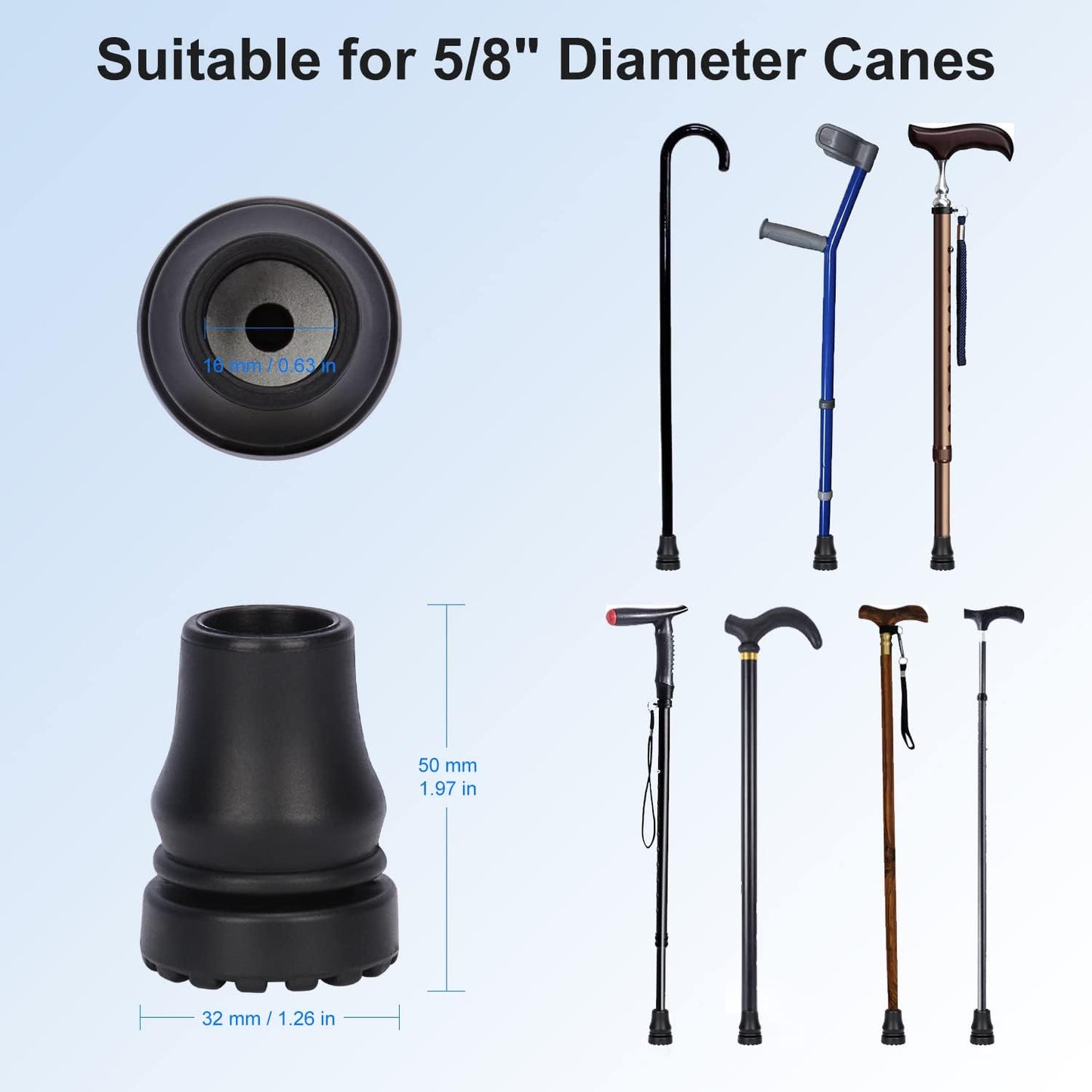 Non-Slip Cane Tip for Crutch, Black (8-Pack)