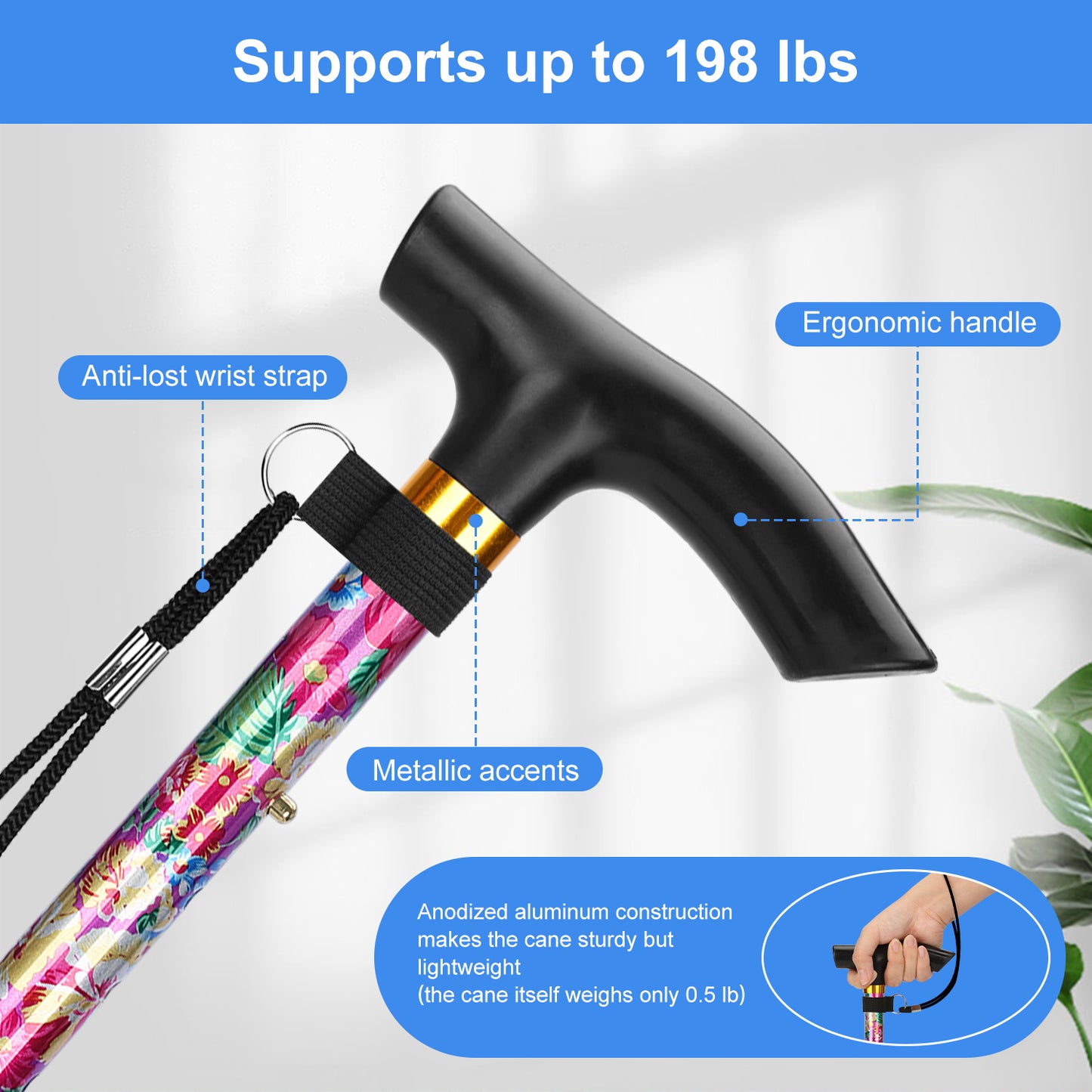 5-Level Adjustable Height Walking Stick Folding Cane