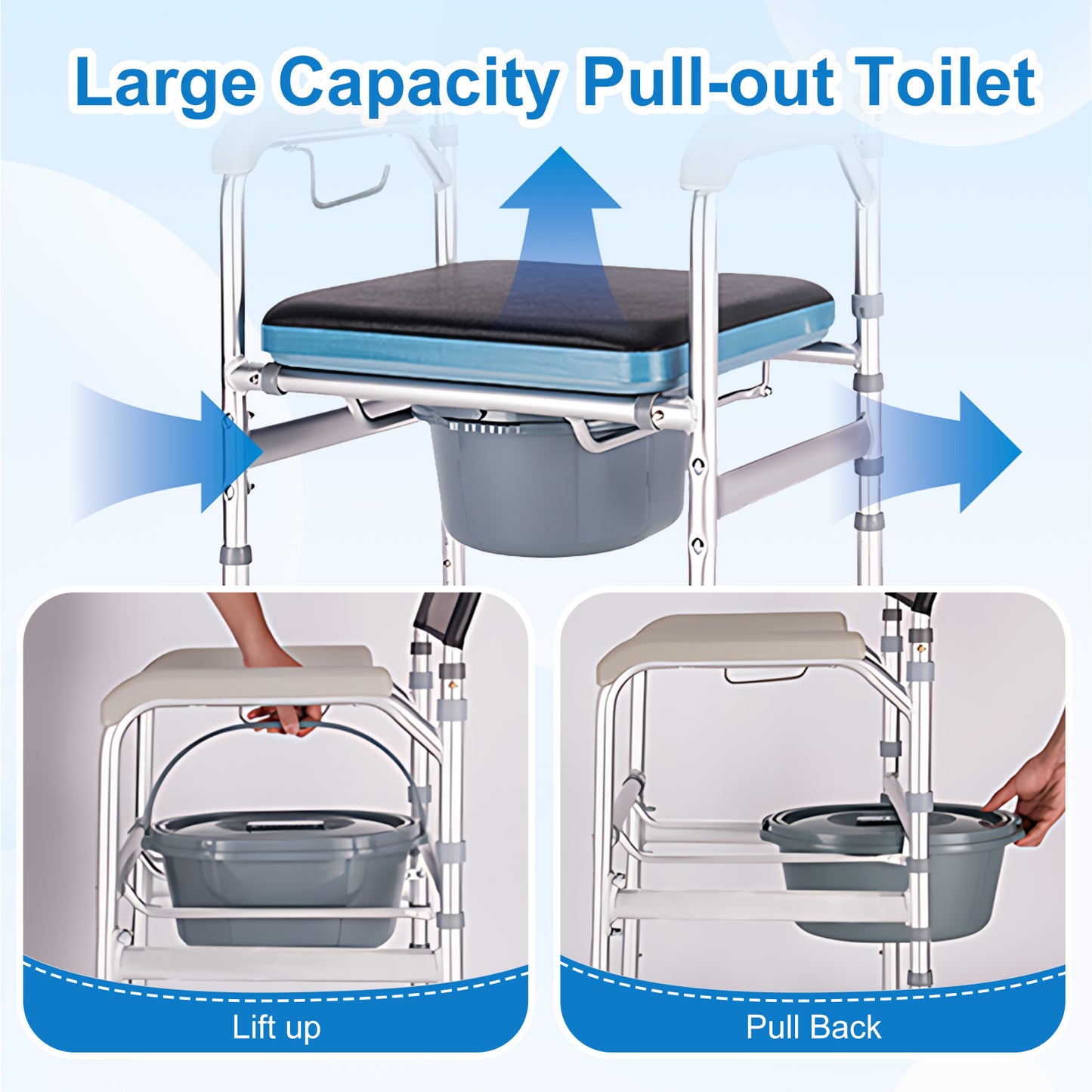 Steel Bedside Commode w/ Hard Seat & Optional Foot Pads