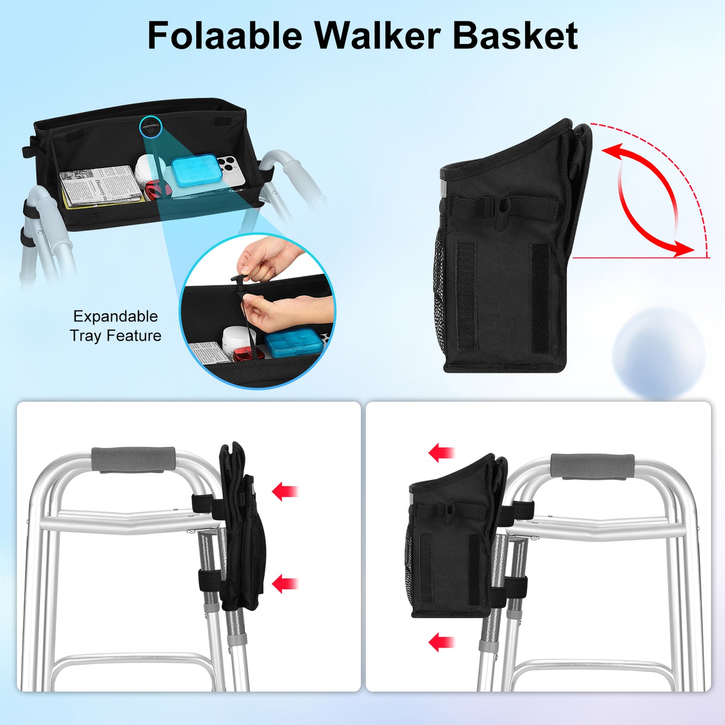 Walker Basket, Foldable Bag with Tray, Cup Holder