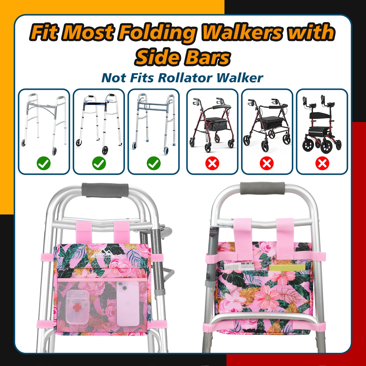 Water-Resistant Walker Side Bag, Basket Pouch