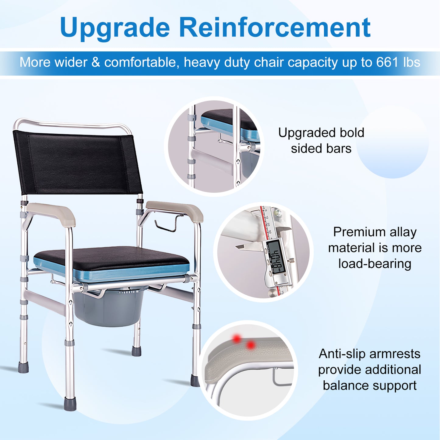 Steel Bedside Commode w/ Hard Seat & Optional Foot Pads