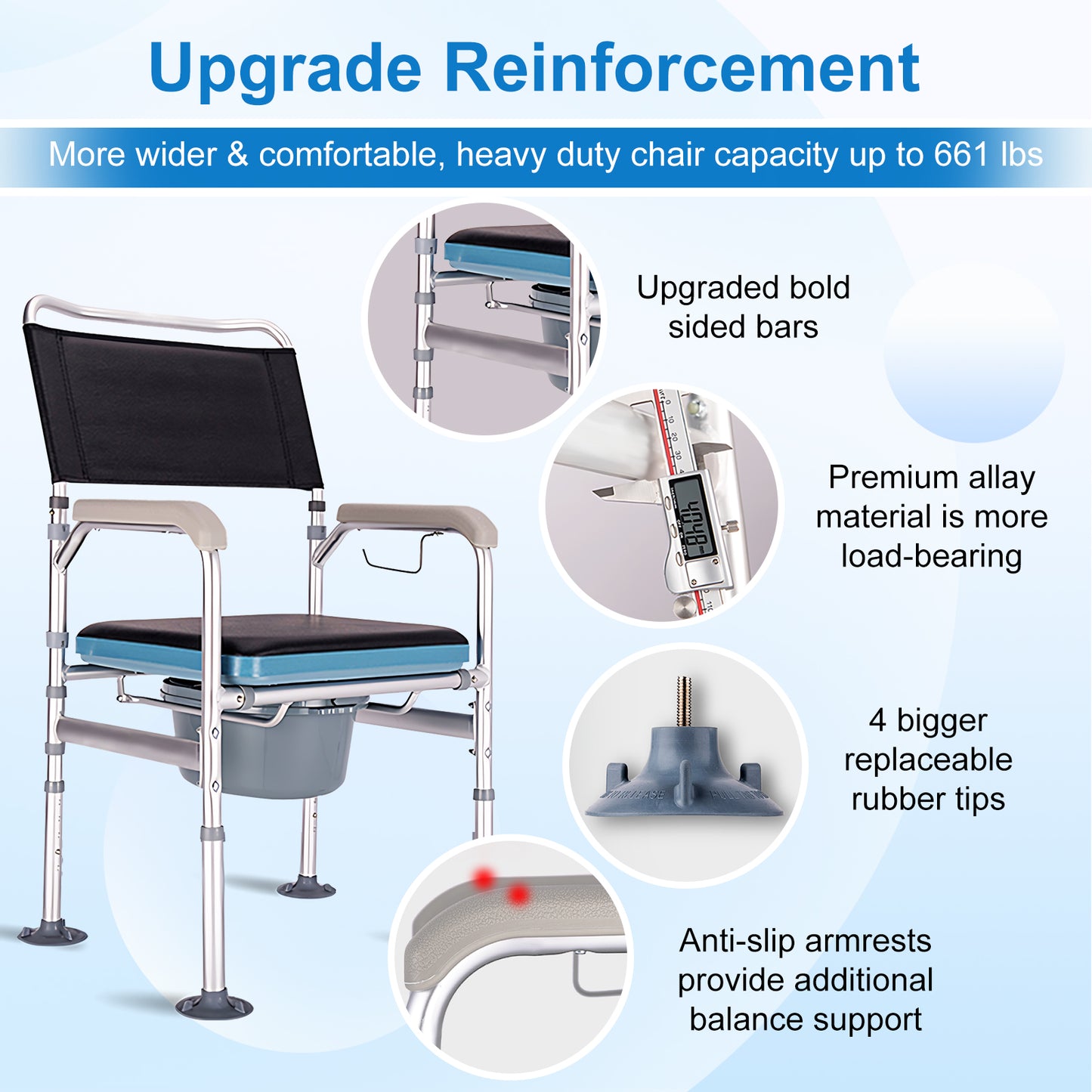 Steel Bedside Commode w/ Hard Seat & Optional Foot Pads