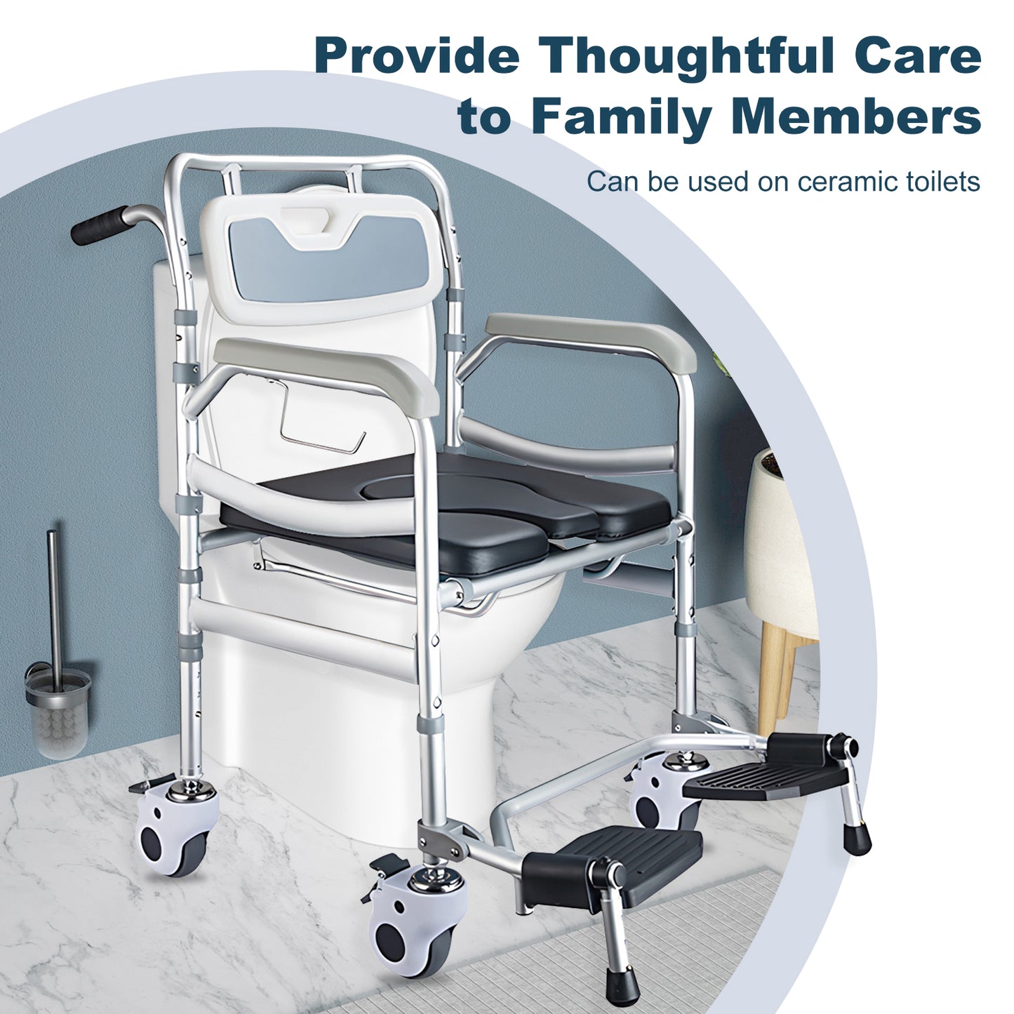 Folding Bedside Commode Chair w/ Wheels & Built-In Toilet