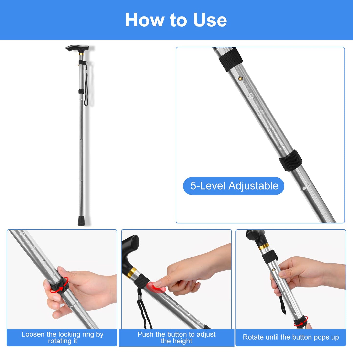 5-Level Adjustable Height Walking Stick Folding Cane